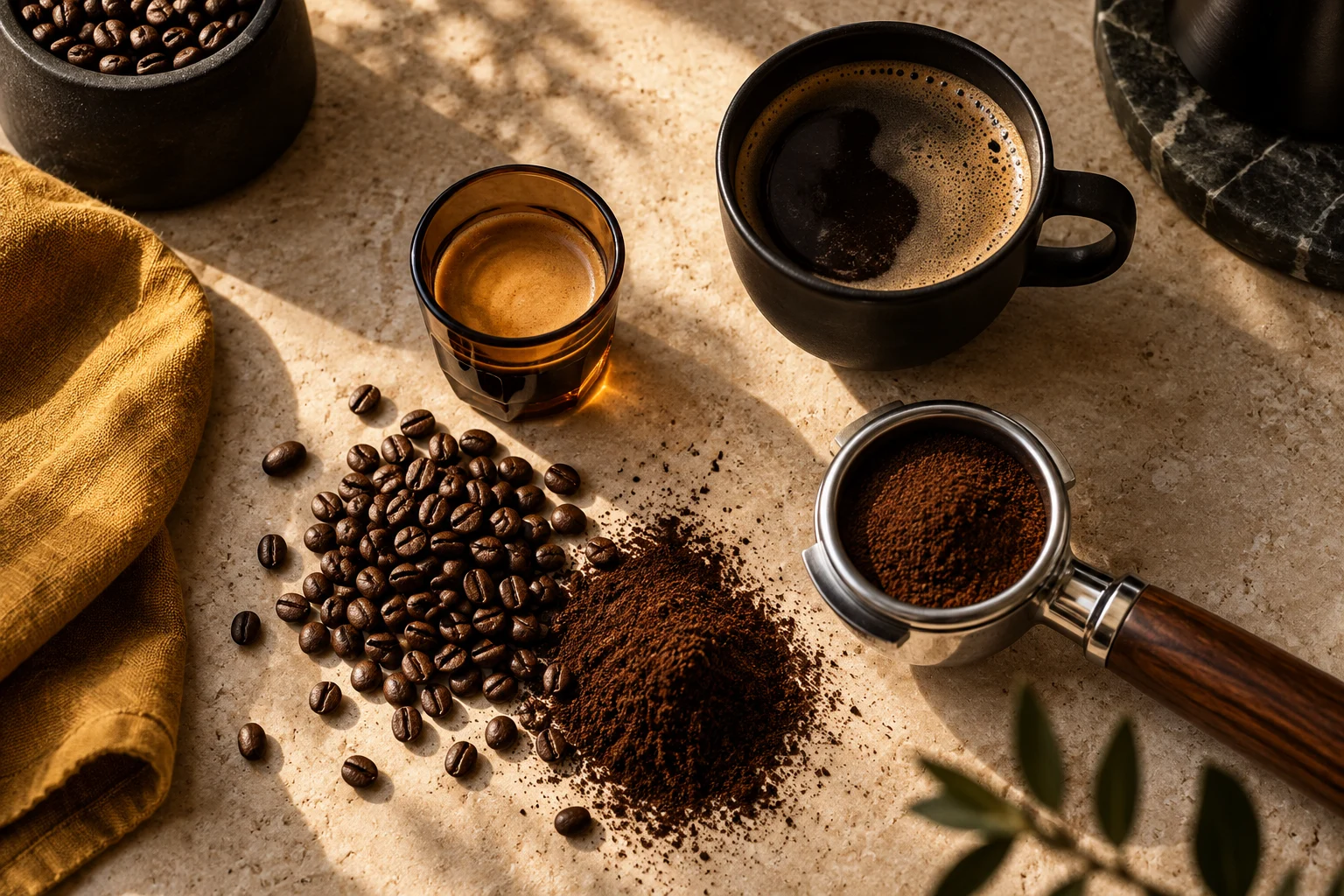 Geïllustreerd koffiestilleven met espresso, een Americano en gemalen koffie