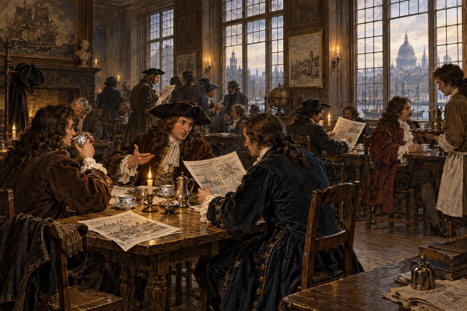 Artistieke reconstructie van een Londens koffiehuis met lezers en kooplieden
