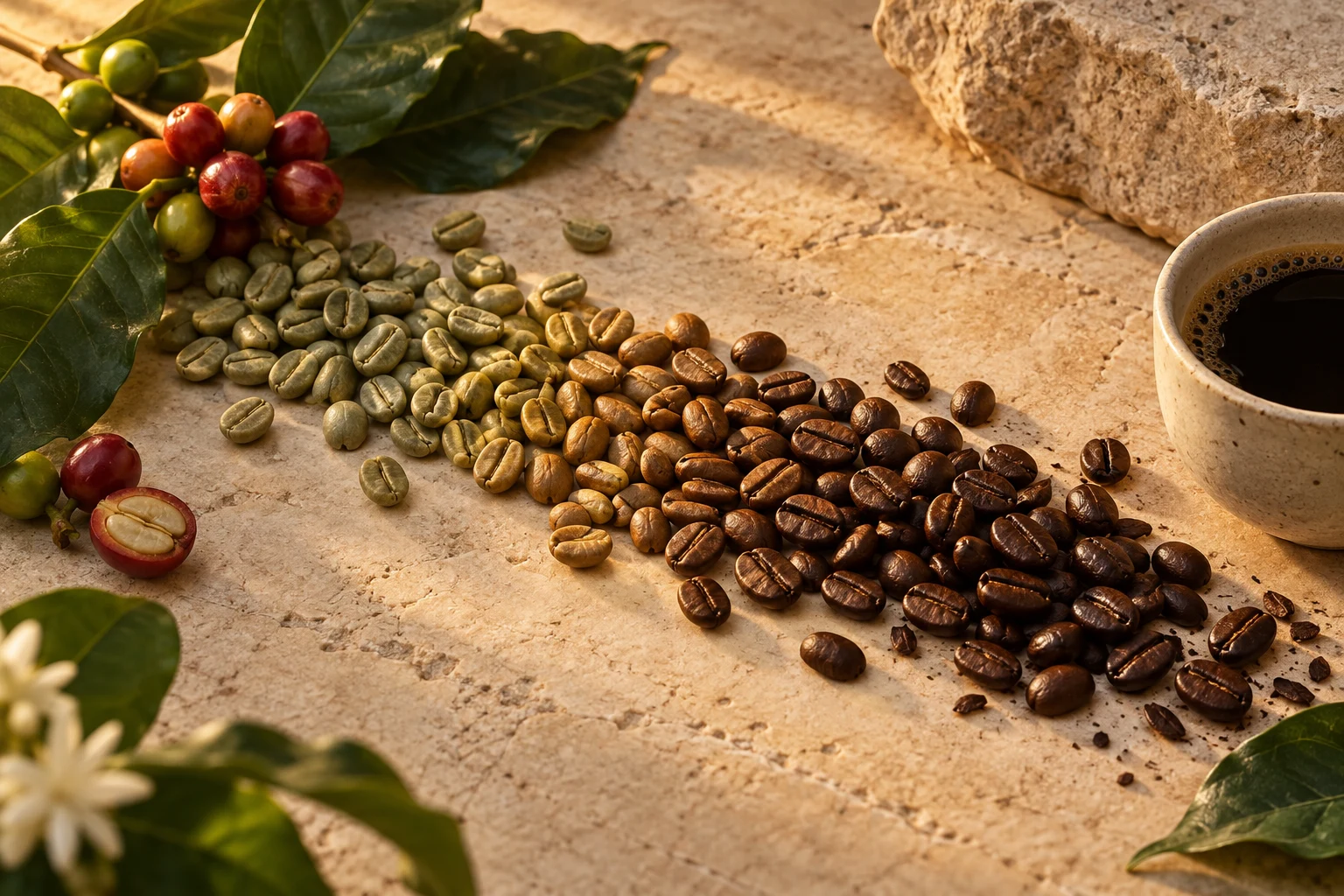 Originele stillevenillustratie van groene bonen, gebrande bonen en een kop koffie