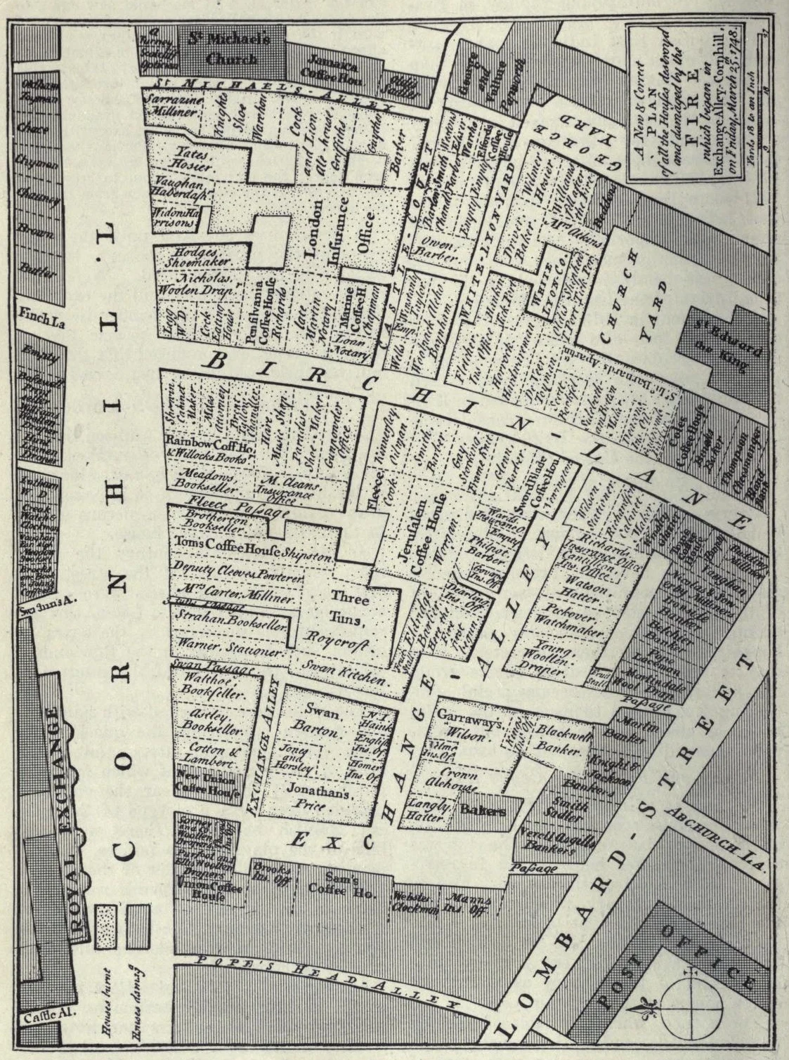 Zwart-witkaart met koffiehuizen rond Londens Exchange Alley