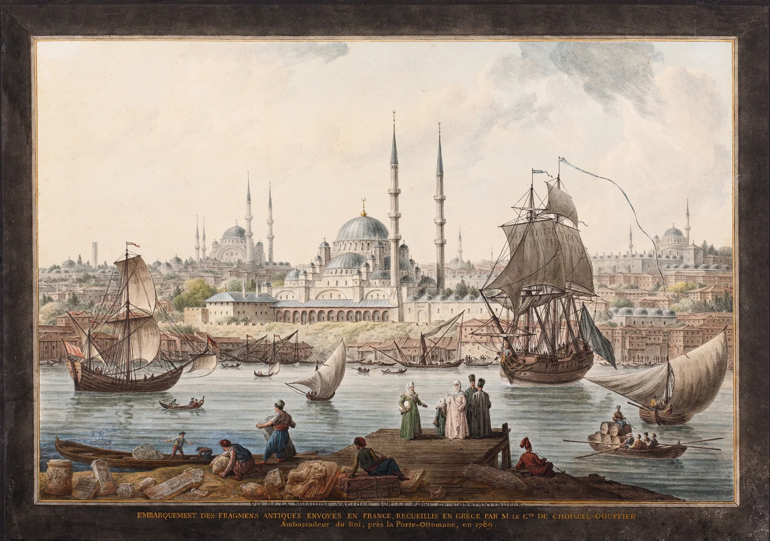 Historische aquarel van boten en mensen aan de waterkant van Istanbul bij Yeni Camii