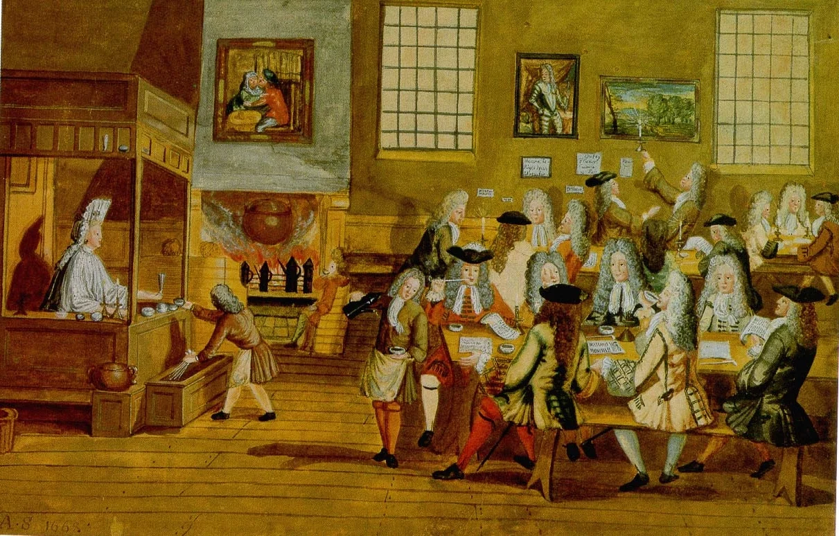 Historische tekening van mannen rond tafels in een Londens koffiehuis