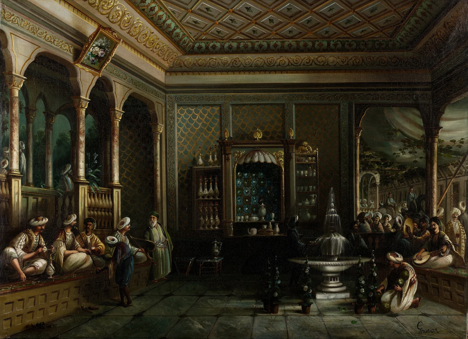 Schilderij van een ruim koffiehuis in Tophane met zittende bezoekers en hoge versierde zuilen