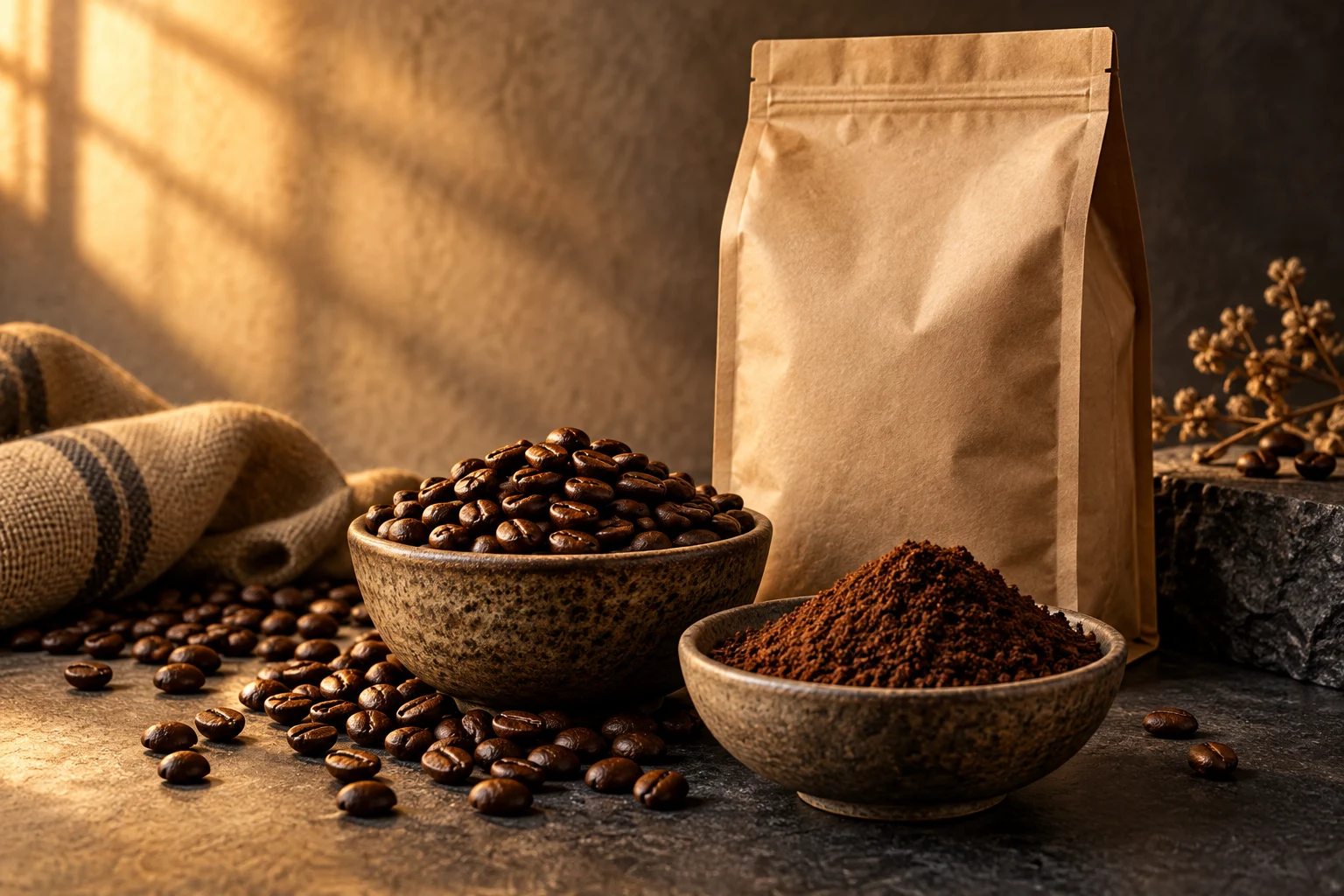 Illustratie van een gesloten koffiezak naast hele bonen en gemalen koffie