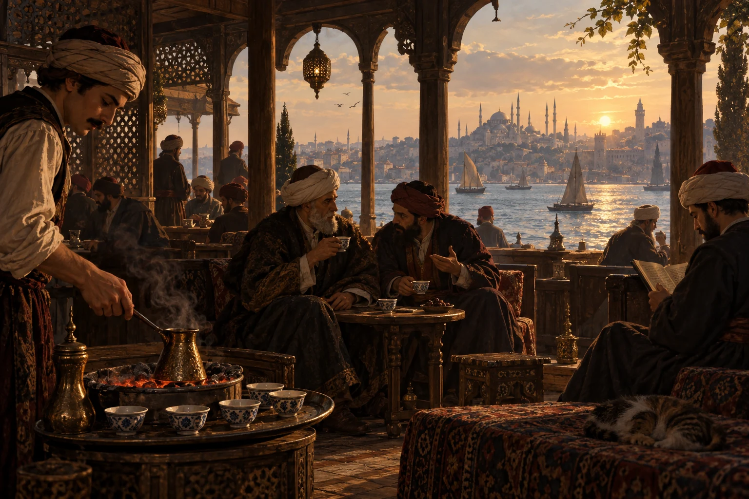 Originele geïllustreerde reconstructie van een Ottomaans koffiehuis met uitzicht over Istanbul