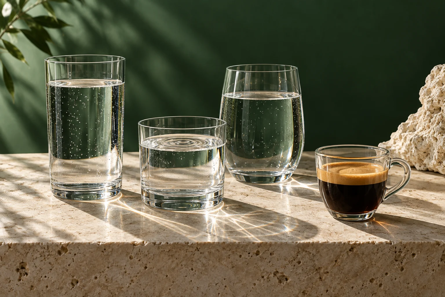 Illustratie van glazen water met gebroken licht naast espresso